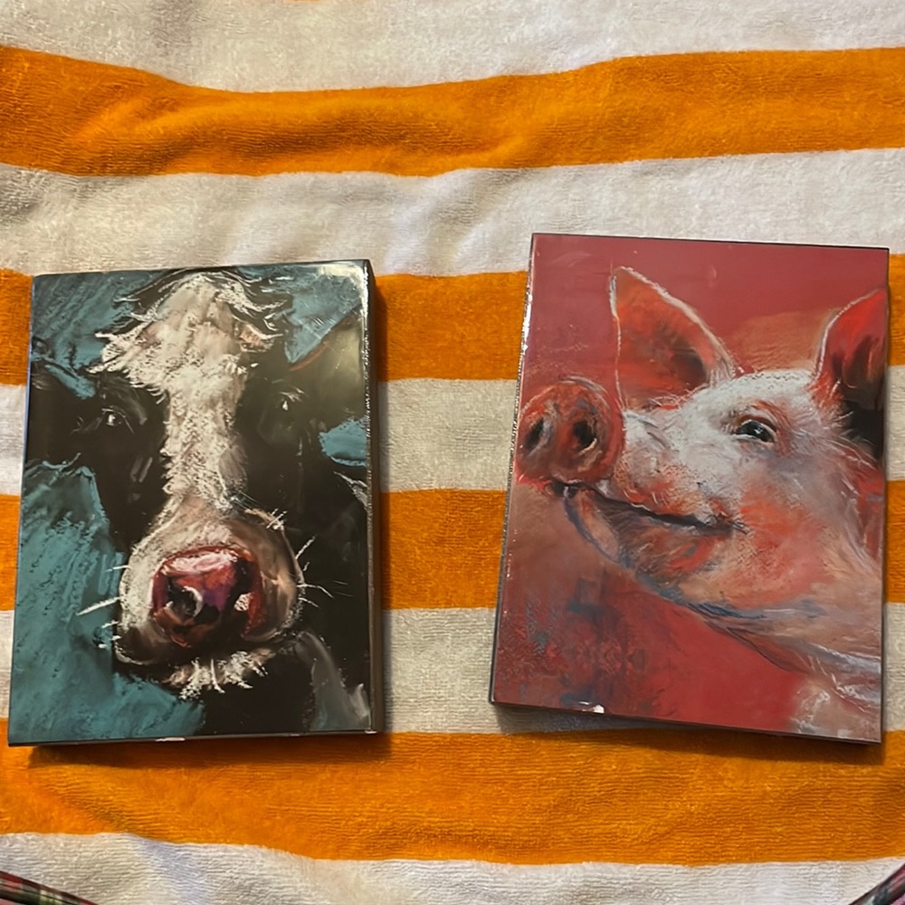 Two pictures of a cow and a pig